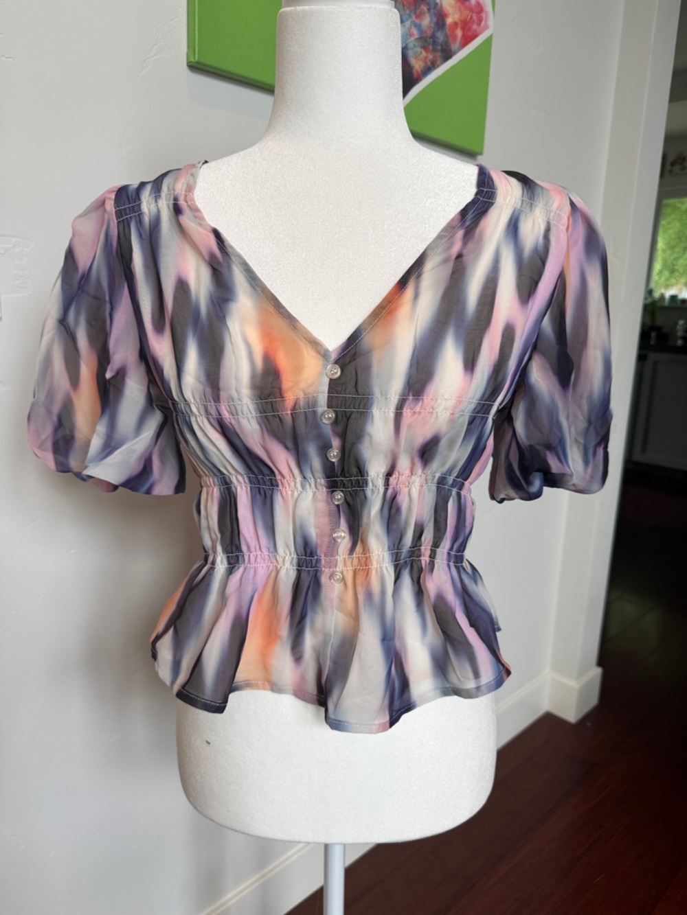 Steve Madden Watercolor V-Neck Puff Sleeve Peplum Top - Purple, Pink, Peach